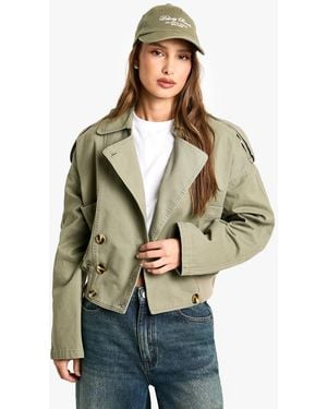 Boohoo Rib Detail Short Trench Coat - Green