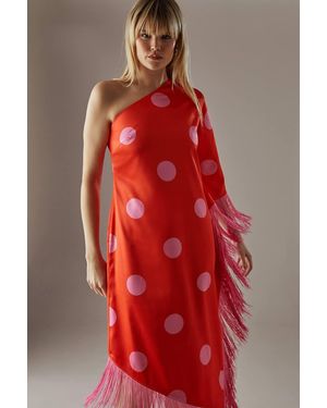 Warehouse Premium Fringe Trim One Shoulder Midi Dress - Red