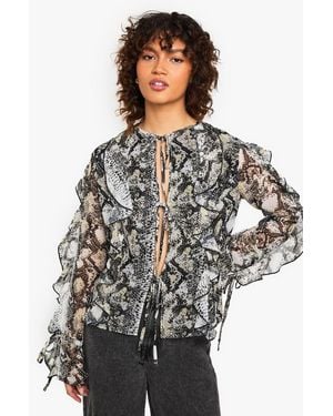 Boohoo Snake Print Chiffon Tie Front Blouse - Black