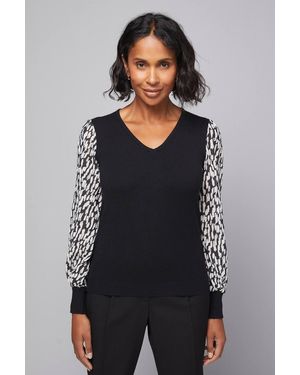 Wallis Animal Chiffon Sleeve V Neck Knitted Top - Gray