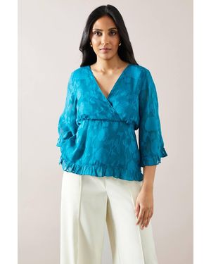 Wallis Petite Occasion Jacquard Ruffle Wrap Blouse - Blue