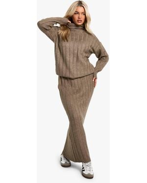 Boohoo Wide Soft Rib Roll Neck Sweater And Maxi Skirt Co-Ord - Natural