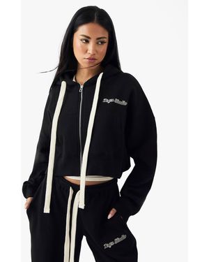 Boohoo Contrast Drawcord Boxy Crop Hoodie - Black