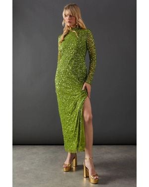 Warehouse Premium Hand Embellished Sequin High Neck Maxi Dress - Green