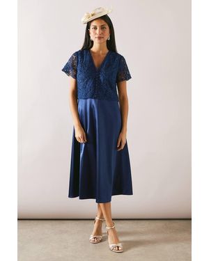 Wallis Lace Overlay Full Skirt Midi Dress - Blue