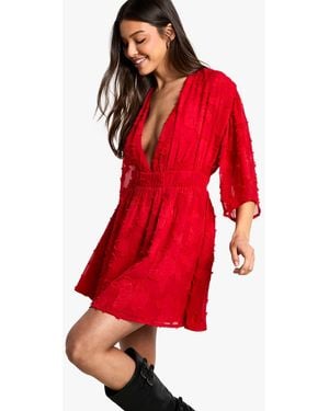 Boohoo Burnout Floral Plunge Skater Dress - Red