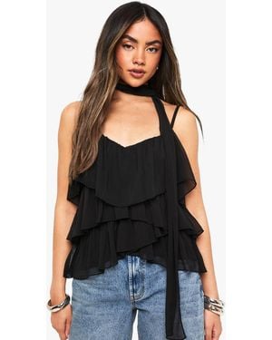 Boohoo Crinkle Chiffon Ruffle Scarf Cami - Black