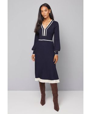 Wallis Zip Front Pleated Knitted Midi Dress - Blue