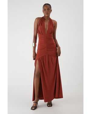 MissPap Halter Neck Plunge Ruched High Split Maxi Dress - Red