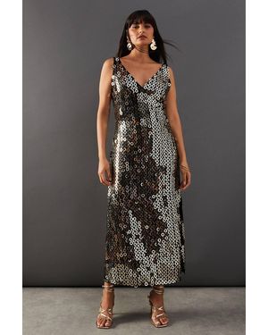 Warehouse Hand Embellished Disk Sequin High Apex Midi Dress - Black