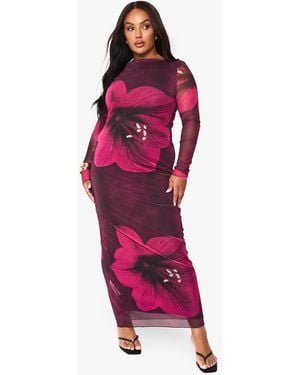 Boohoo Plus Floral Mesh Maxi Dress - Red