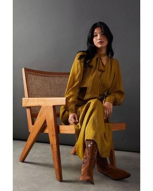Warehouse Metallic Shadow Stripe Tie Neck Button Side Wrap Midi Dress - Yellow