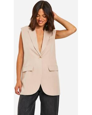 Boohoo Longline Sleeveless Blazer - Natural