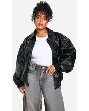 Boohoo Plus Pu Contrast Stitch Oversized Bomber Jacket - Black
