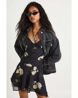Boohoo Floral Ruched Sweetheart Pleated Skater Dress - Black