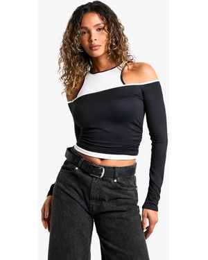 Boohoo 2 Layer Contrast Binding Long Sleeve Top - Blue