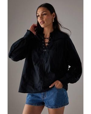 Warehouse Hcd Cotton Lace Trim Insert Boho Blouse - Black