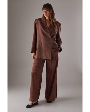 Warehouse Linen Look Pinstripe Tailored Pants - Brown