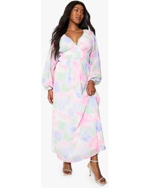 Boohoo Plus Floral Chiffon Ruffle Volume Sleeve Maxi Dress - White