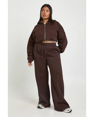 Boohoo Plus Core Basic Pintuck Detail Deep Waistband Wide Leg Jogger - Brown