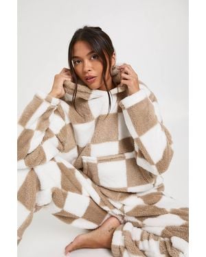 Boohoo Flannelerboard Print Fleece Hoody & Sweatpants Lounge Set - Natural