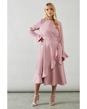 Wallis Petite Ruffle Front Belted Midi Dress - Pink