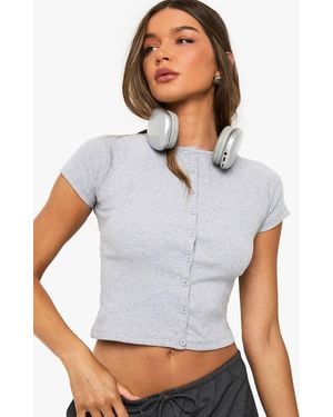 Boohoo Rib Button Through Cap Sleeve Top - White