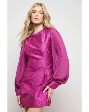 Oasis Structured Jacquard Fit And Flare Mini Dress With Chiffon Sleeve - Pink