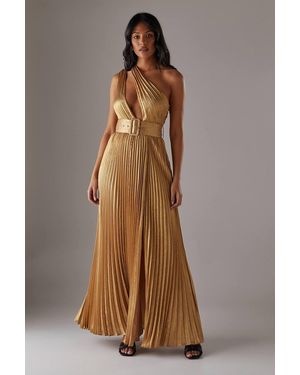 Warehouse Premium One Shoulder Belted Pleated Maxi Dress - Brown