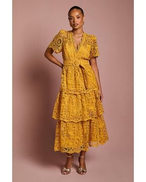 Coast Petite Short Sleeve V Neck Tiered Lace Midi Dress - Yellow