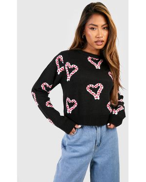 Boohoo Heart Candy Cane Crop Christmas Sweater - Black