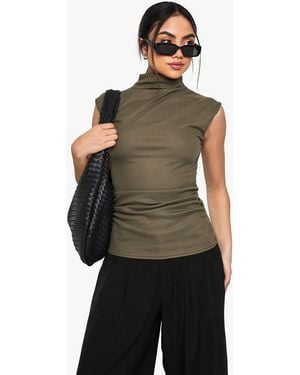 Boohoo Soft Rib High Neck Ruched Side Top - Green