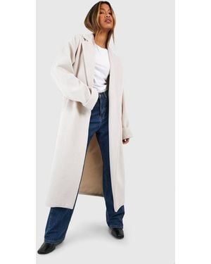 Boohoo Cuff Detail Belted Textured Wool Look Coat - Blue