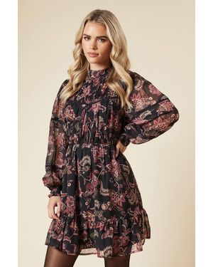 Dorothy Perkins Petite Large Floral Chiffon Pleated Yoke Mini Dress - Brown