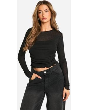Boohoo Textured Mesh Ruched Front Long Sleeve Top - Black