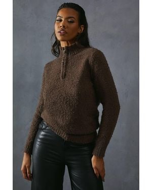 MissPap Knitted Boucle Zip Up Neck Oversized Sweater - Gray