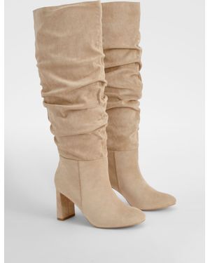 Boohoo Wide Fit Faux Suede Ruched Detail Block Heel Boots in Black Lyst