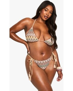 Boohoo Plus Zig Zag Knitted Bikini - Brown