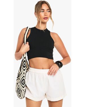 Boohoo Linen Turn Up Shorts - Natural
