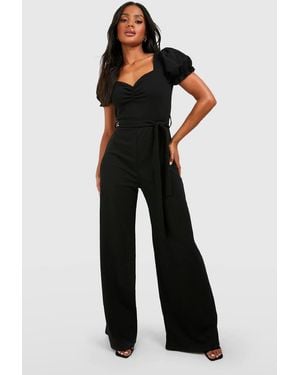 Boohoo Puff Sleeve Tie Waist Wide Leg Jumpsuit - Black