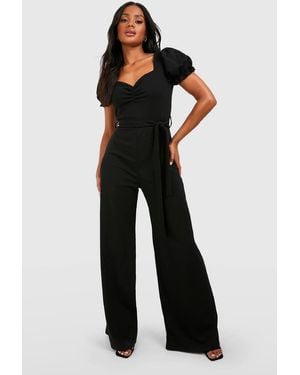 Boohoo Puff Sleeve Tie Waist Wide Leg Jumpsuit - Black