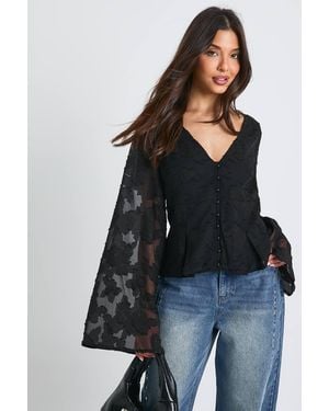Boohoo Floral Textured Button Down Blouse - Black