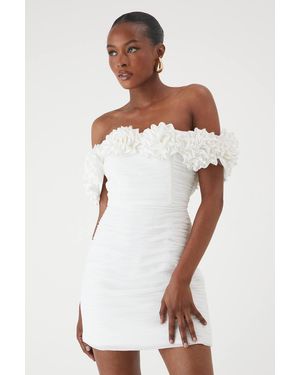 MissPap Premium Ruffle Floral Bardot Mini Dress - White