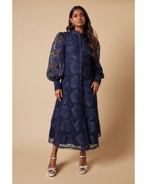Oasis Premium Organza Lace Trim Midi Shirt Dress - Blue