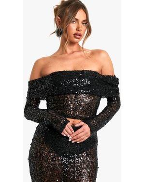 Boohoo Sequin Beaded Lace Bardot Top - Black