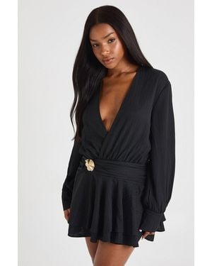 Boohoo Textured Trim Drop Hem Shirt Dress - Black