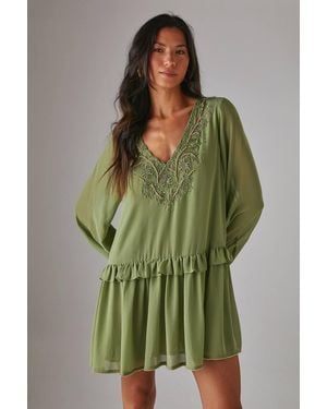 Warehouse Hand Embellished Chiffon Sequin Mini Smock Dress - Green