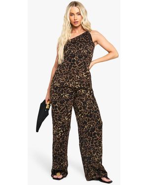 Boohoo Leopard Print Chiffon Wide Leg Jumpsuit - Brown