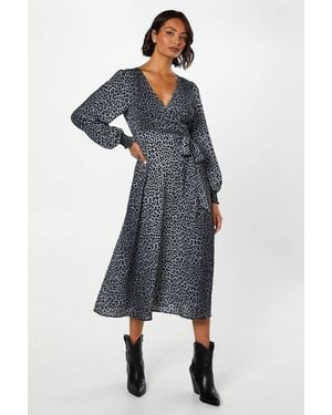Dorothy Perkins Animal Long Sleeve Wrap Midi Dress - Blue