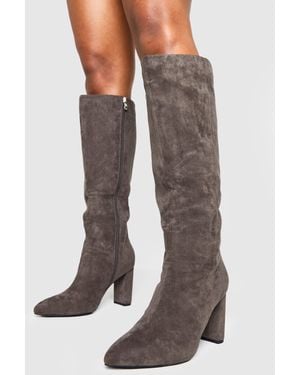 Boohoo Wide Fit Faux Suede Mid Block Knee High Boots - Grey